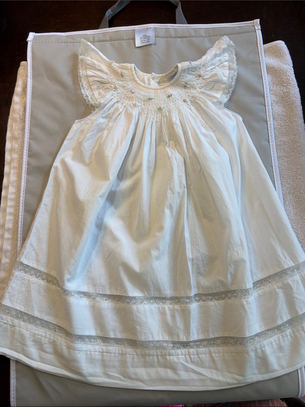 Remember Nguyen White Smocked Flutter-Sleeve Embroidered Pink Rose Dress